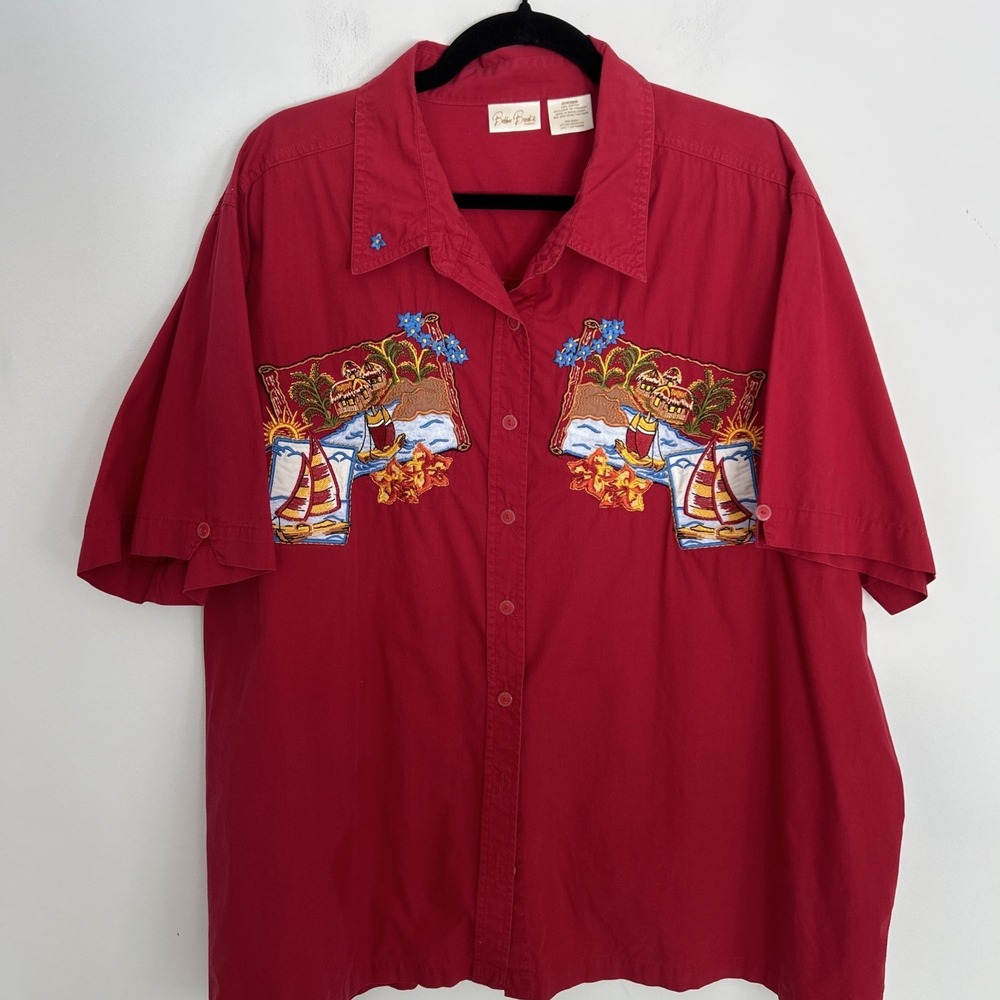 Bobbie Brooks Vintage 90's Women 26W/28W Embroidered Sailboat Island Red Blouse